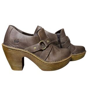 Born Onega Womens Brown Leather Slip On Chunky Wooden Heel Comfort Clogs 8M